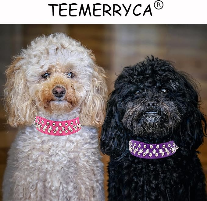 TEEMERRYCA Adjustable PU Leather Spiked Studded Dog Collars with a Squeak Ball Gift for Small Medium Large Pets Like Cats/Pit Bull/Bulldog/Pugs/Husky, Purple, M 12"-15"
