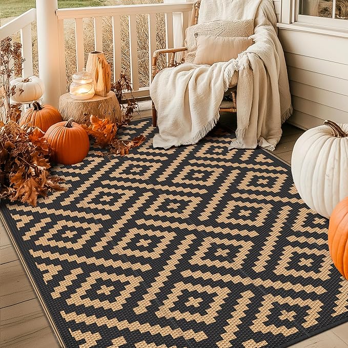 GENIMO Outdoor Rug for Patio Clearance,6'x9' Waterproof Mat,Reversible Plastic Camping Rugs,Rv,Deck,Porch,Camper,Balcony,Backyard (Black & Brown)