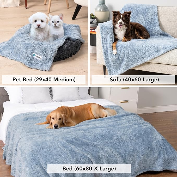PetAmi Fluffy Soft Dog & Cat Blanket, Blue Sherpa Fleece, Calming Pet Blanket Throw for Bed & Sofa, X-Large 60x80
