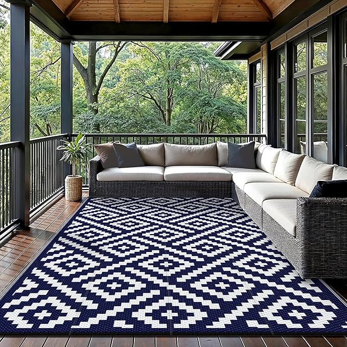 GENIMO Outdoor Rug for Patio Clearance,9'x12' Waterproof Large Mat,Reversible Plastic Camping Rugs,Rv,Porch,Deck,Camper,Balcony,Backyard (Navy Blue & White)