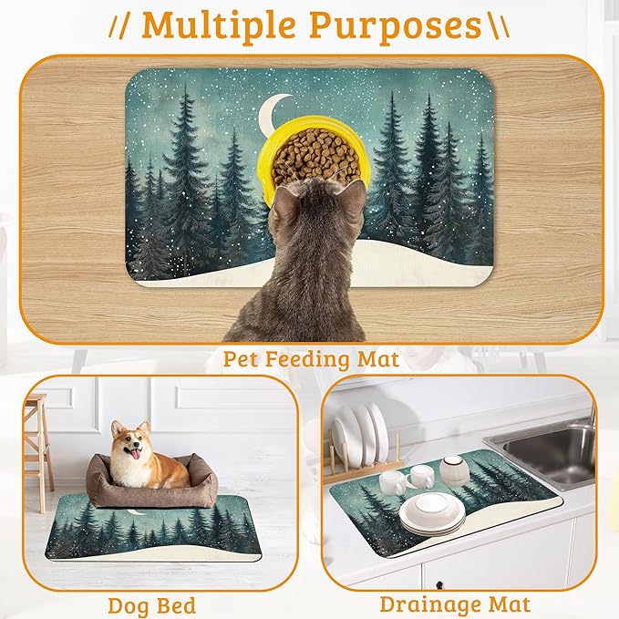 Pet Feeding Mat,Abstract Forest Absorbent Dog Cat Food Mat Moon Dog Mat with Rubber Backing,Non-Slip Water Bowl Placemat,Pet Supplies 16" x 24"