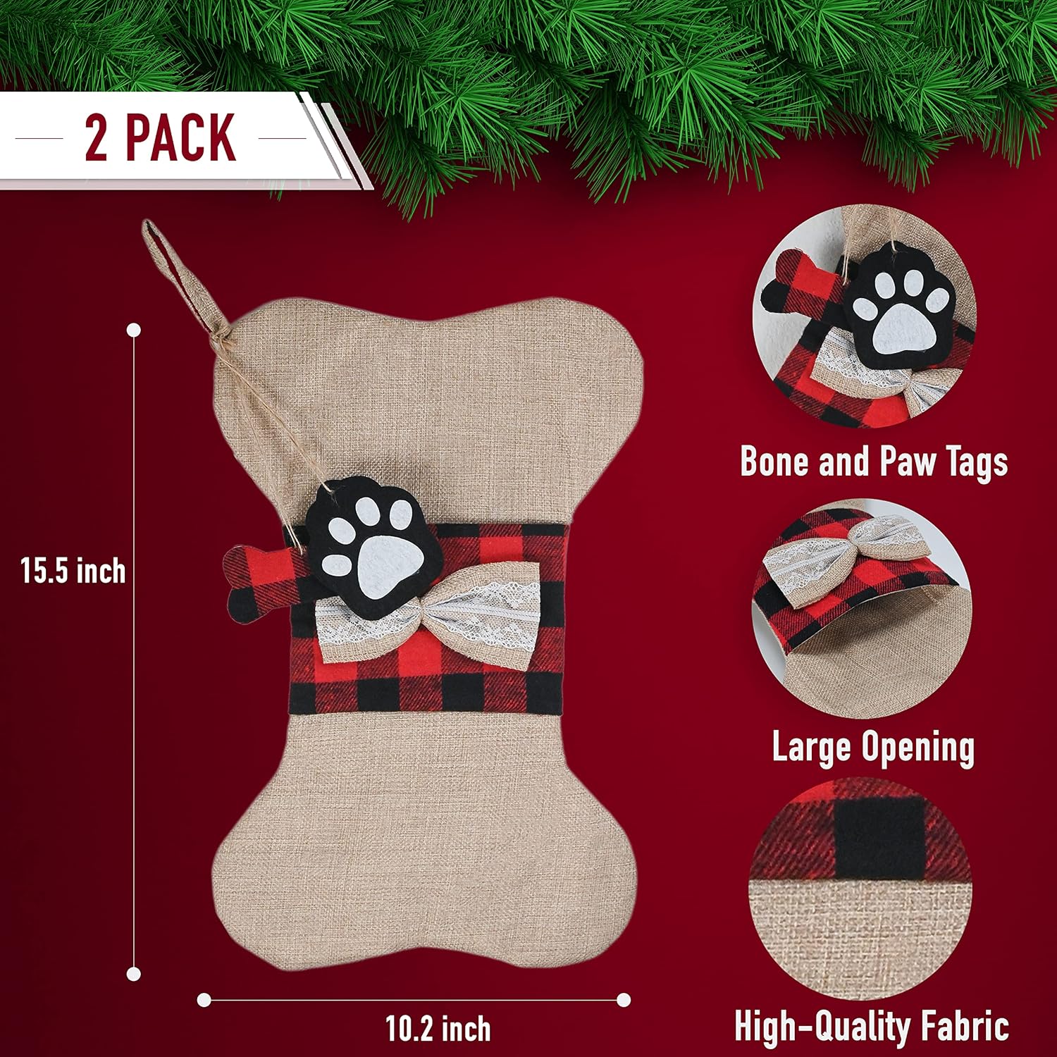 Christmas Plaid Pet Stocking - Buffalo Plaid Doggy Bone Puppy Dog Paw 2 pc