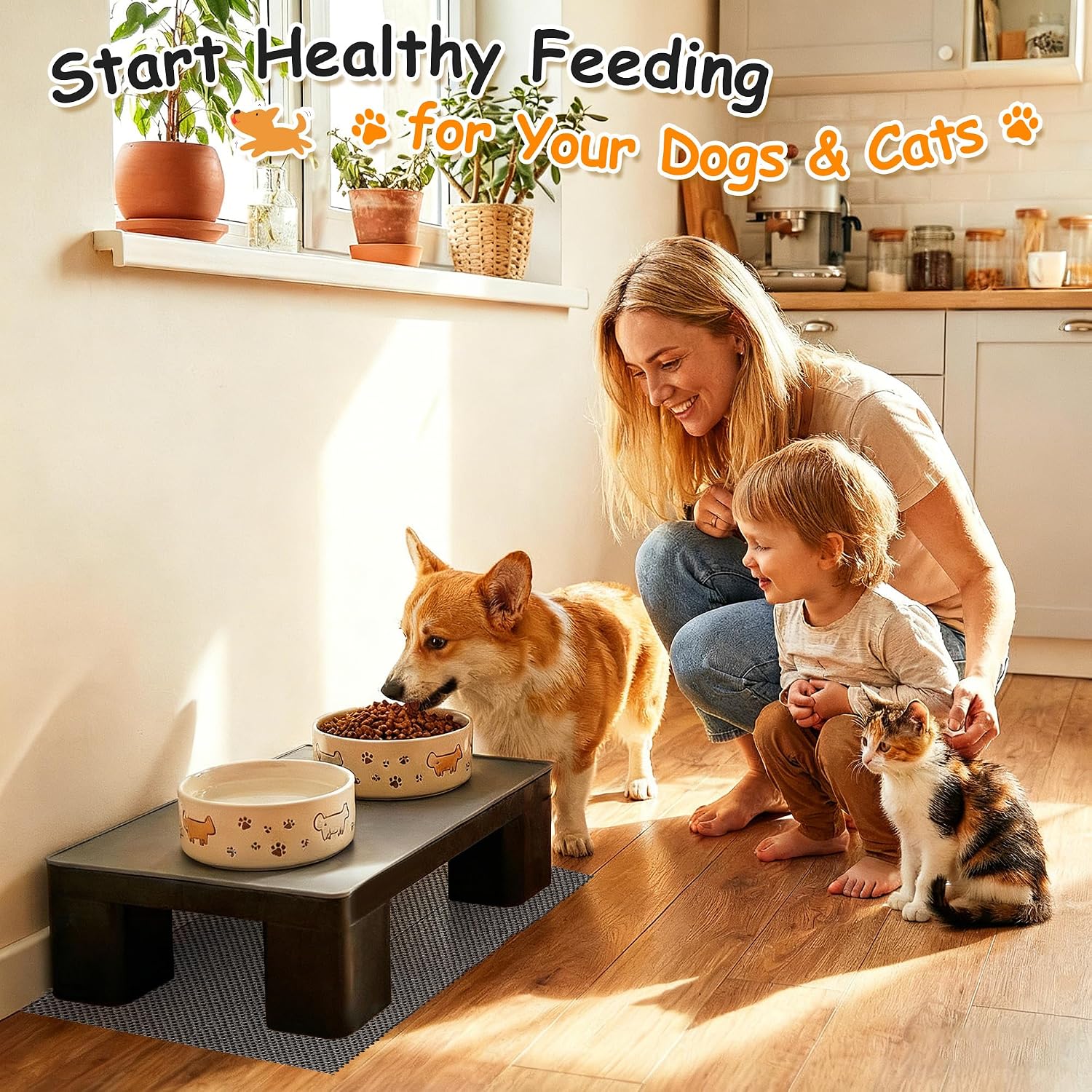 Elevated Dog Bowl Stand with Waterproof Dog Food Mat, Non-Slip, 1 Pc, Black | Reduce Neck & Joint Strain, Easy to Clean Silicone Pet Feeding Mat, Sturdy Legs, Ideal for Small & Medium Dogs and Cats