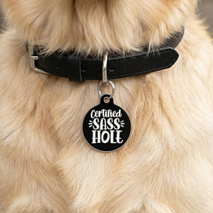 Bad Tags Personalized Dog and Cat ID Tags in 25+ Designs and 2 Sizes - 5 Lines of Custom Engraved Text - Funny Cute Personalized Pet Tags (Certified Sass Hole, Large (1.25 inch))