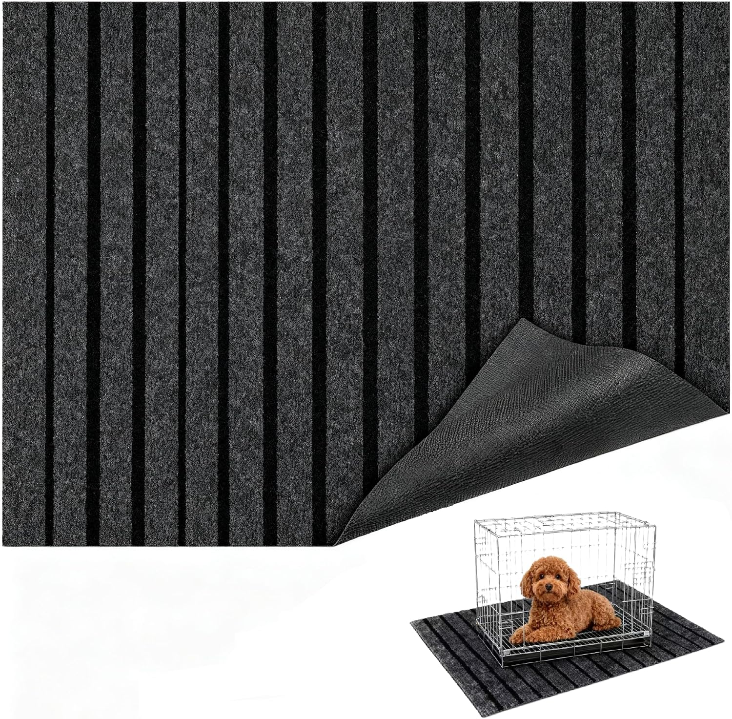 Dog Crate Mat 47"x32" Extra Thick Waterproof Non-Slip Kennel Pad | Absorbent Striped Design for Under Crate, Reusable & Washable Dog Mat for Crate