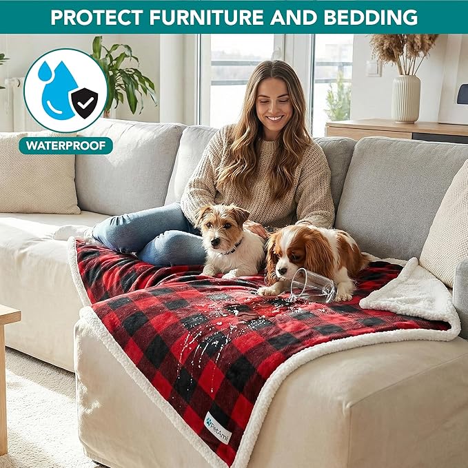 PetAmi Waterproof Dog Blanket for Medium Large XL Dog Puppy Cat Throw for Couch Cover Leakproof Protection, Sherpa Fleece, Reversible Soft Washable 80x60 Checker Plaid Red