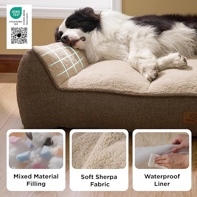 Bedsure SupportMax™ XL Pro Orthopedic Dog Beds Large Sized Dog - Extra Thick Supportive Dogs Couch with Waterproof Washable Cover, Extra Large Comfort Pet Sofa with Soft Sherpa & Nonskid Bottom, Brown