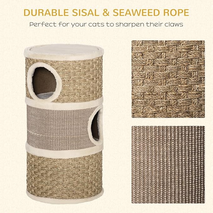 PawHut 28 Inch Cat Condo, 3 Story Cat Hideaway with Sisal Scratching Pad, Barrel Shaped Small Cat Tree for Indoor Cats, Khaki and Brown