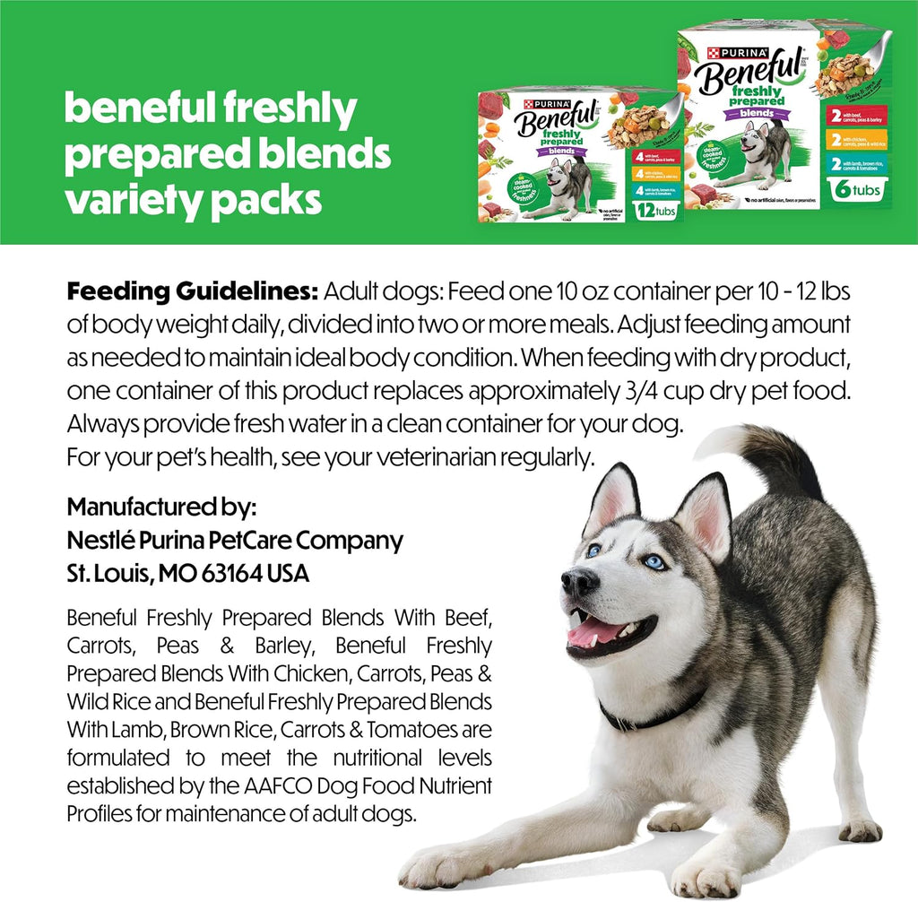 Purina Beneful Freshly Prepared Blends Variety Wet Dog Food, (12) 10 oz Tub | Variety pack of beef, chicken and lamb, serve as high protein dog food in gravy or meal topper, resealable tubs