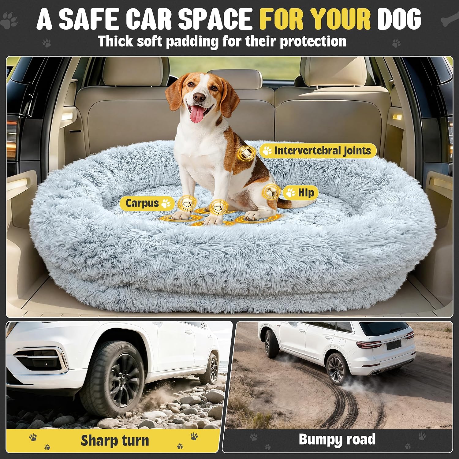 Loiion Orthopedic Car Dog Bed for Large Dogs, Waterproof Faux Fur Calming Travel Bed, Non-Slip Washable Backseat Bed for SUV & Sedan | Joint Support for Senior/Arthritic Pets