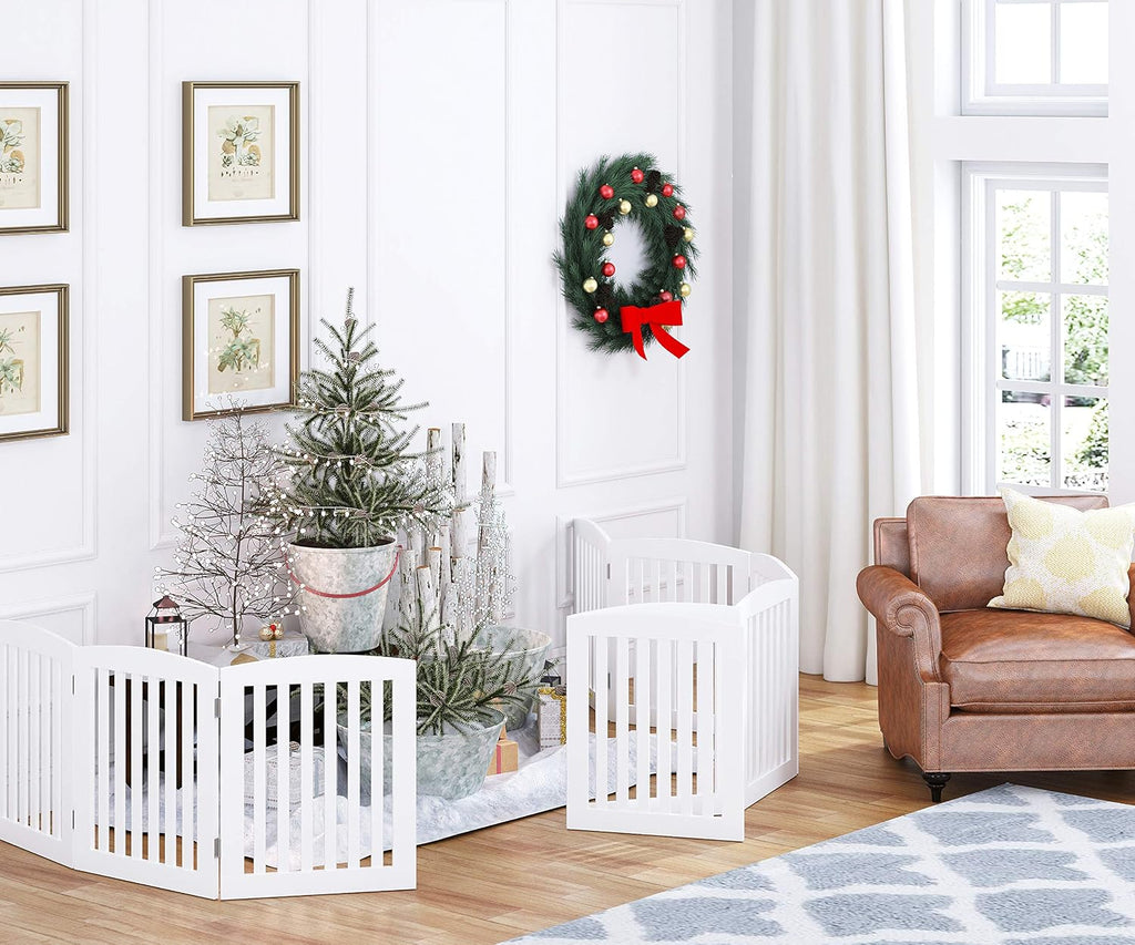 PAWLAND Wooden Freestanding Foldable Pet Gate for Dog,24" H Dog Gate Indoor | Dog Gate for Doorway, Stairs, the House, Step Over Fence, Extra Wide, Room Divider, Front Door, Hallway, 4 Panels, White