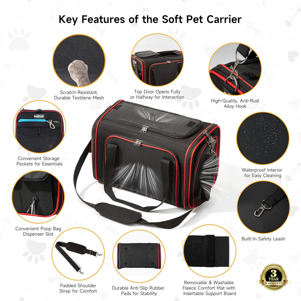 EliteField Soft-Sided Pet Carrier for Cats & Small Dogs (3-Year Warranty) | Airline Approved, Waterproof, Scratch-Resistant Mesh, Removable Support Bed, Built-In Leash, Suitcase Sleeve, Seat Belt Loops