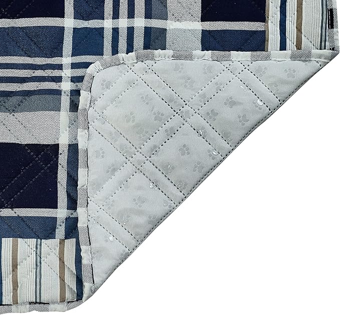 Brilliant Sunshine Quilted Calming Dog Bed Mat, Removable Washable Cover, Cushion Protector and Couch Covers for Dogs, Pets, Cats, Small, Blue Plaids and Stripes Patchwork