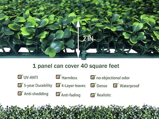 Artificial Boxwood Roll,48x120 in (40 sqft) UV-Anti Faux Ivy Boxwood Hedge Leaf Grass Wall for Patio Balcony Privacy, Garden, Backyard Greenery Wall Backdrop and Fence Decor