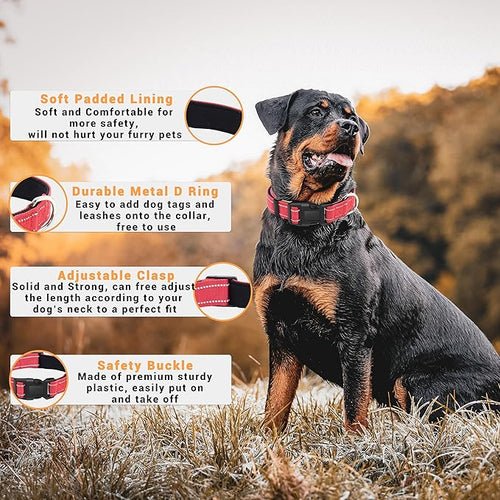 2 Pack Reflective Dog Collar with Safety Locking Buckle, Adjustable Soft Breathable Comfortable Nylon Pet Collar for Small, Medium and Large Dogs, Red, M
