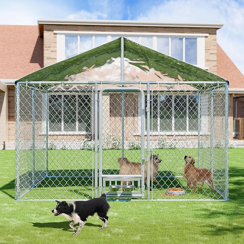 10×10×7 FT Outdoor Dog Kennel with Roof, Dog Enclosure w/Rotating Feeder, Large Heavy Duty Dog Run Playpen w/2 Stainless Bowls, Galvanized Pet House w/Secure Lock, Waterproof Cover