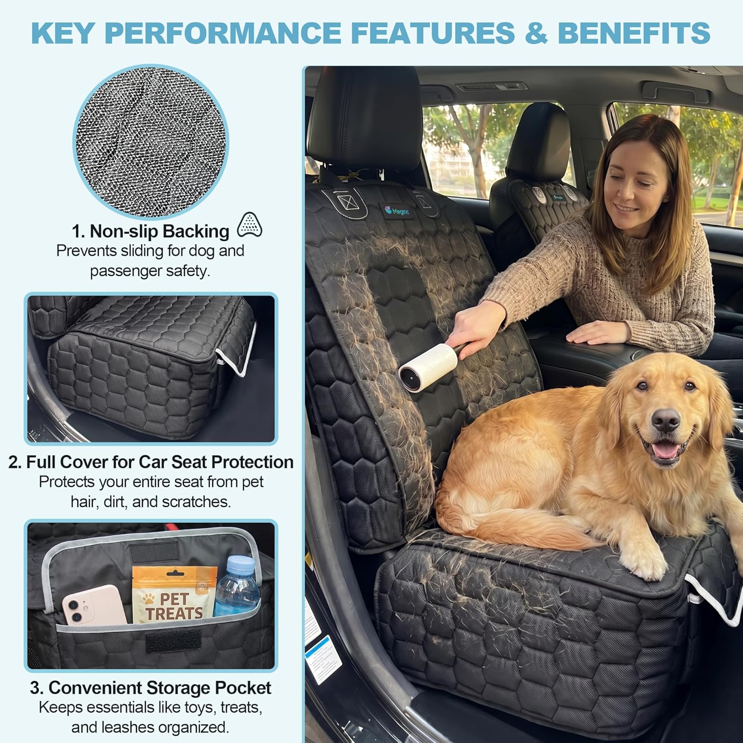 Meginc 2-Pack Front Seat Covers for Dogs, Waterproof Car Seat Protectors | 600D Oxford dog car seat covers with side flaps; non-slip, scratch-resistant captain chair covers for cars, SUVs and trucks