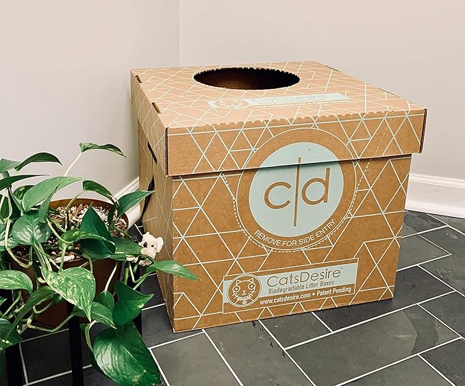 Cats Desire Litter Box - Disposable Litter Boxes for Cats (3 pcs) - Top/Low Entry & Enclosed Box - Teal on Natural Brown, Partially Recycled Cardboard, 17" L x 17" W x 15.25" H