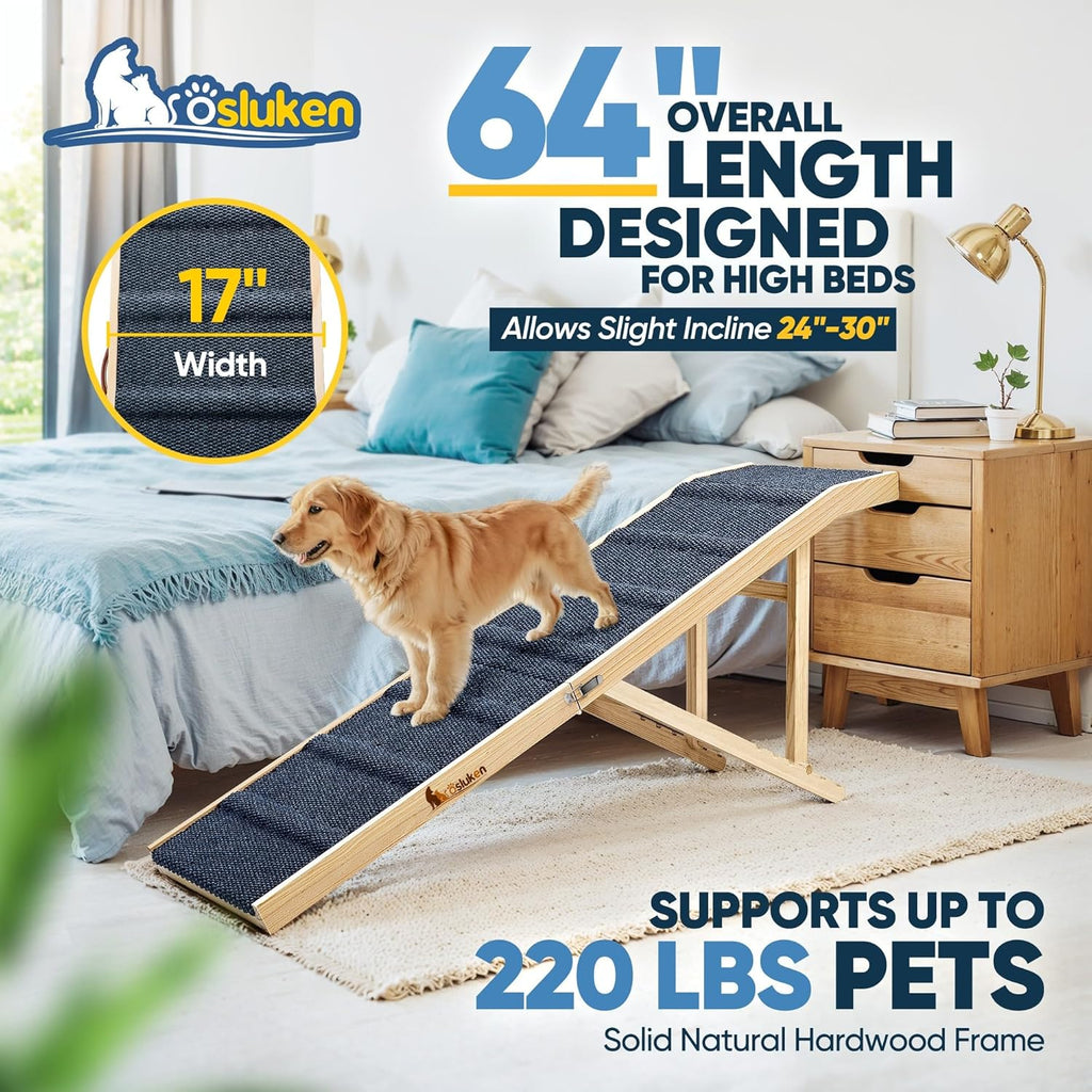 𝟐𝟎𝟐𝟔 𝐔𝐩𝐠𝐫𝐚𝐝𝐞𝐝 Dog Ramp for Bed, 64" Long Foldable Pet Ramp for Small Large Dogs, Dog Ramps for High Beds Car, High Traction with Platform 6 Adjustable Heights 24" to 30" Up to 220LBS, Wood
