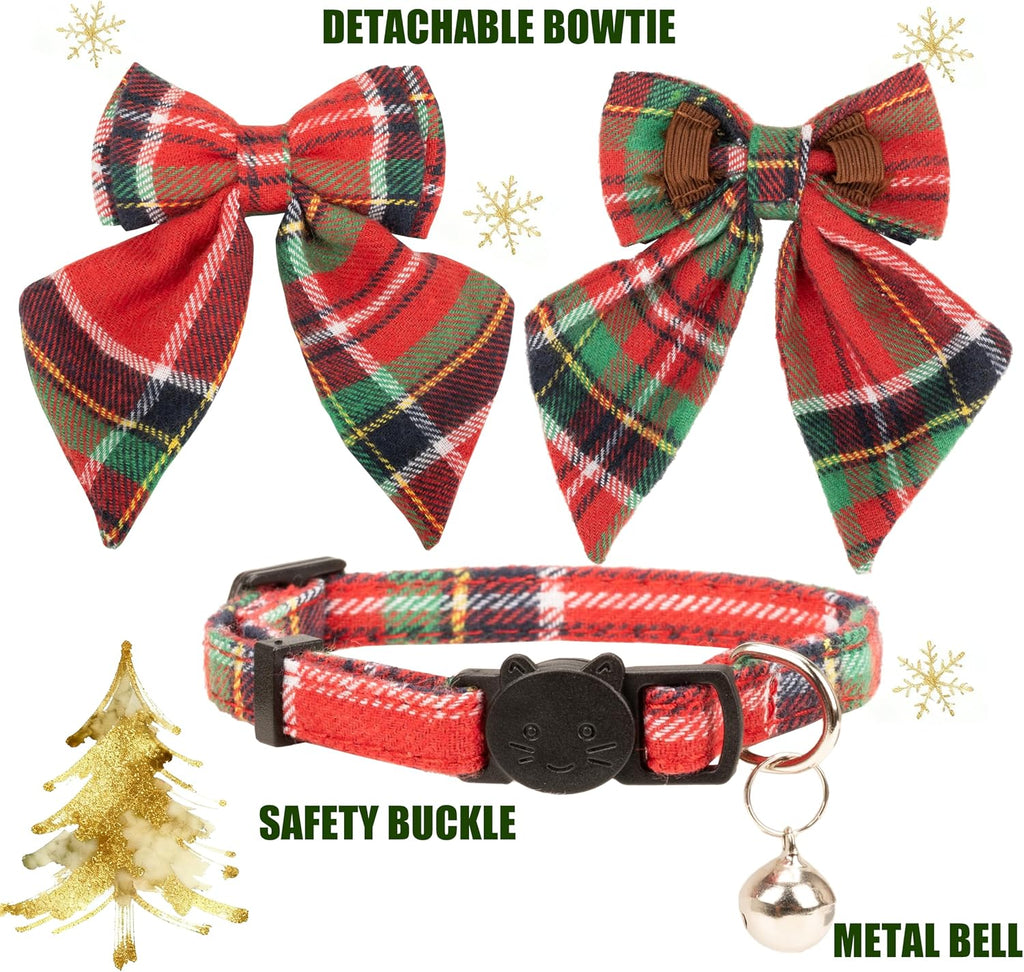 Christmas Cat Collar with Bow Tie Flower Sailor Bowtie Breakaway Safety Detachable Plaid Kitten Cats Pet Cute B Sailor Bow-Red