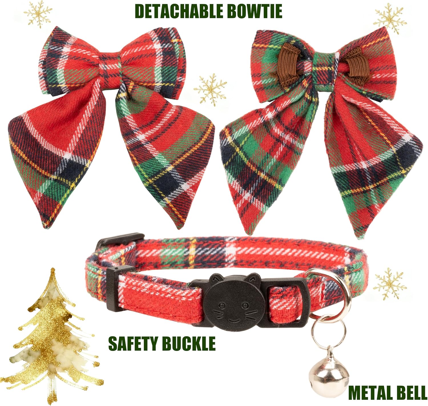 Christmas Cat Collar with Bow Tie Flower Sailor Bowtie Breakaway Safety Detachable Plaid Kitten Cats Pet Cute B Sailor Bow-Red