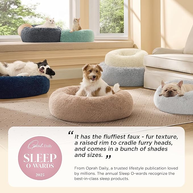 Bedsure Calming Cat Beds for Indoor Cats - Small Cat Bed Washable 20 inches, Anti-Slip Round Fluffy Plush Faux Fur Pet Bed, Fits up to 15 lbs Pets, Dark Grey