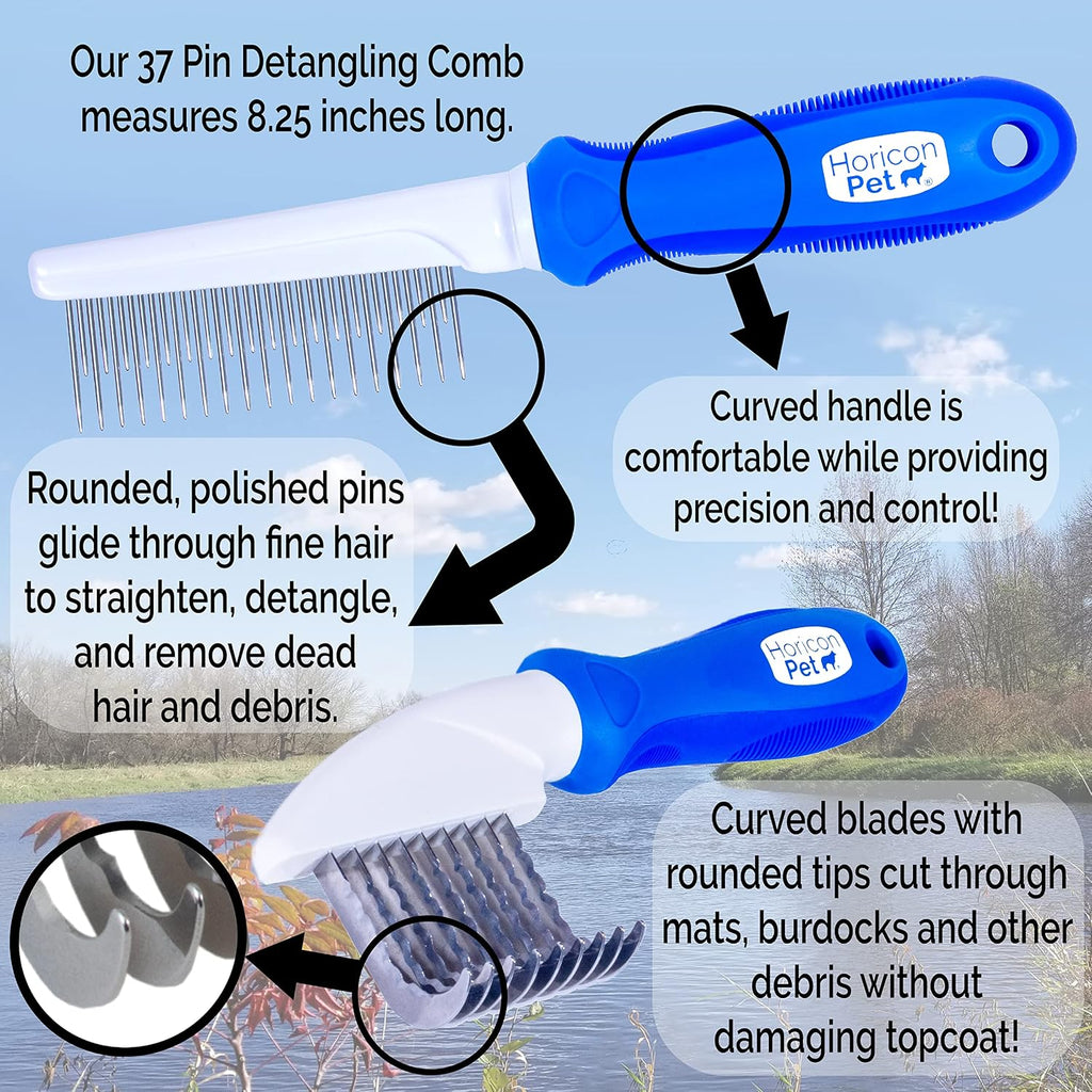 2 In 1 Dematting Razor Comb and 37 Pin Detangling Pet Comb Set - Removes Knots, Matted Fur, & Tangles Gently For Dogs & Cats