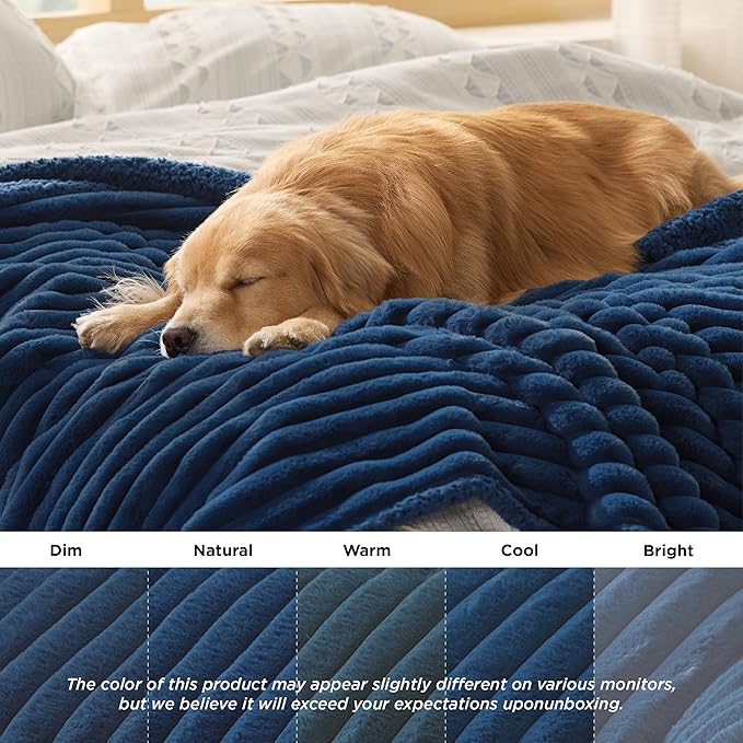 Bedsure ComfyFleece™ Waterproof Dog Blankets for Large Dogs - Soft Pet Cat Blanket Corduroy Fleece for Bed Protector Washable, Cozy Calming Reversible Furniture Protection,60"x80", Navy Blue