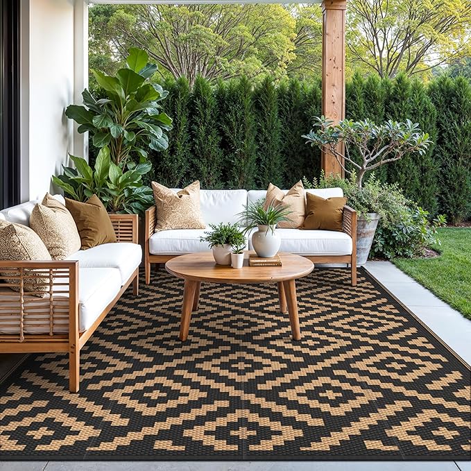 GENIMO Outdoor Rug for Patio Clearance,6'x9' Waterproof Mat,Reversible Plastic Camping Rugs,Rv,Deck,Porch,Camper,Balcony,Backyard (Black & Brown)