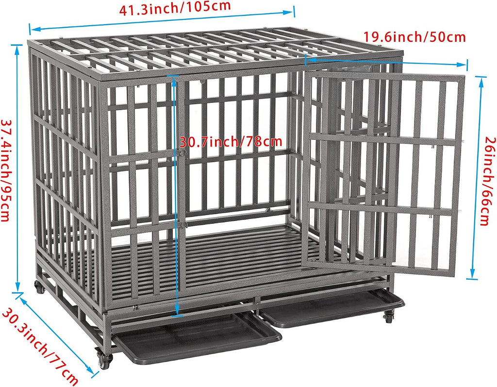 SMONTER 42" Heavy Duty Dog Crate Strong Metal Pet Kennel Playpen with Two Prevent Escape Lock, Large Dogs Cage with Wheels, Dark Silver …