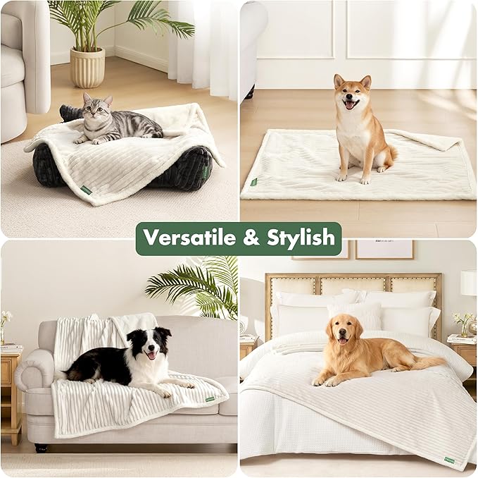 Waterproof Dog Blanket for Couch - Washable Medium Pet Blanket for Furniture Protector, Cozy Fleece Calming Dog Crate Blankets for Indoors & Outdoors, Cream, 40"x50"