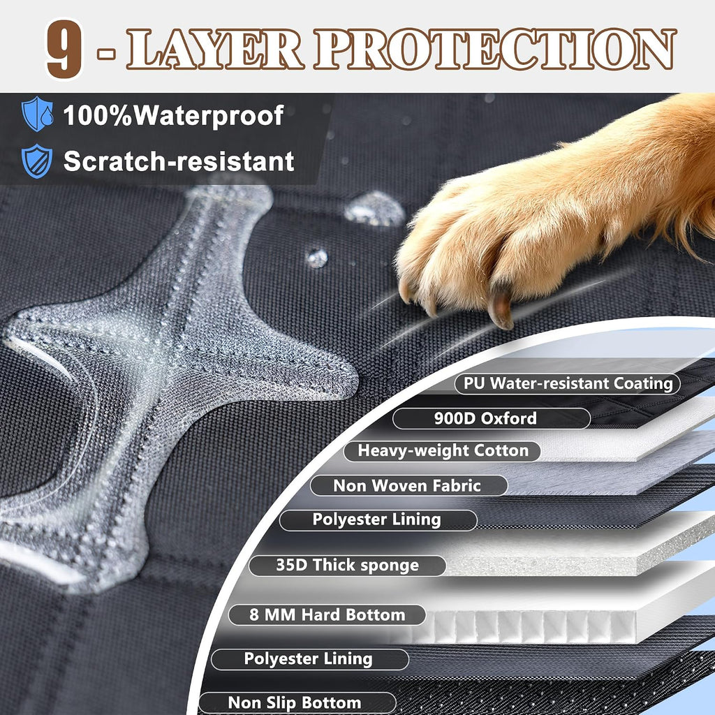 Hard Bottom Waterproof Dog Seat Cover Hammock for Full Size Truck | 900D Oxford bite-proof & waterproof. 35D sponge pad protects dog joints. Extra-wide hard bottom supports 600lbs. Mesh window