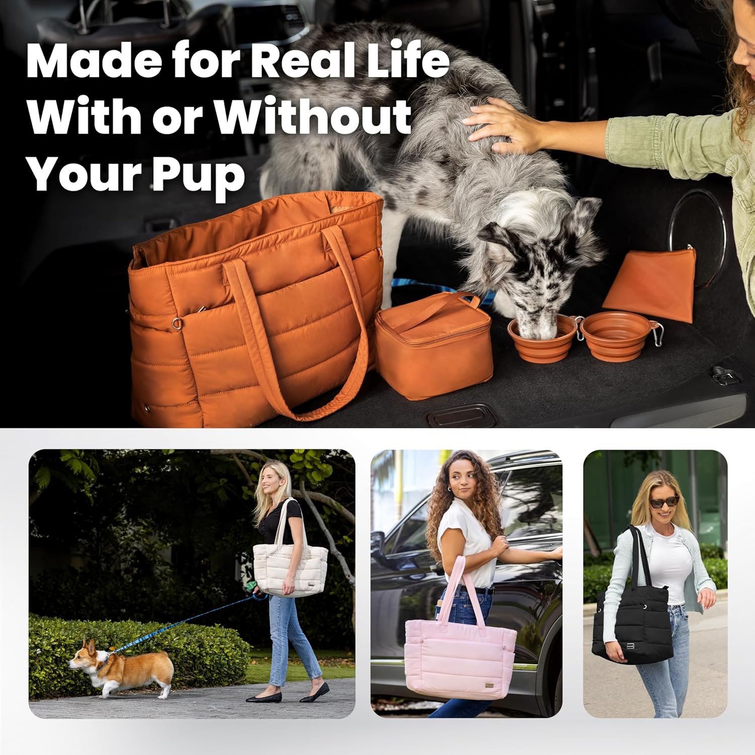 Puffer Dog Travel Bag for Dog Moms, Diaper Bag with Travel Bowls | 2 BPA-Free Collapsible Bowls, 2 Pet Food Containers, 9 Pockets, Everyday Puffer Bag Works With or Without Your Dog, Black