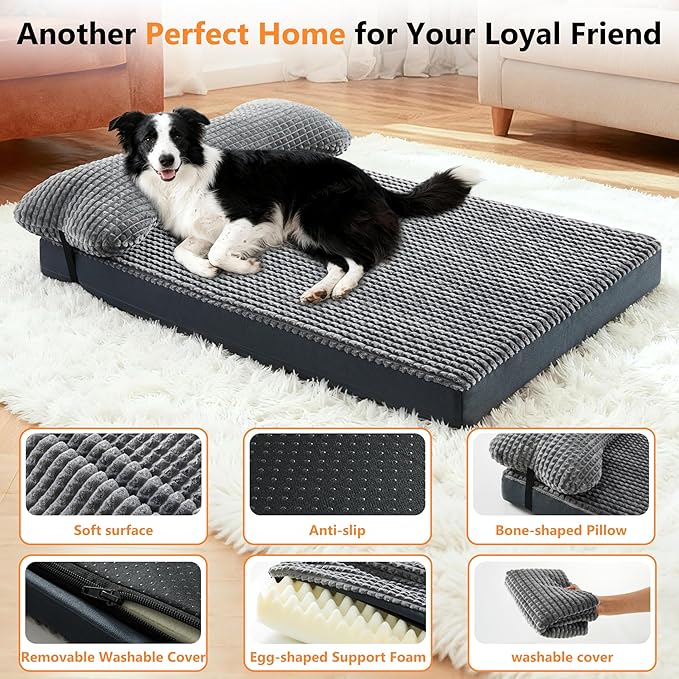 KISYYO Orthopedic L Dog Beds for Large Dogs with Removable Washable Cover and Removable Pillow for Crate,Waterproof Extra Large Dogs Mat, Grey, 35x23