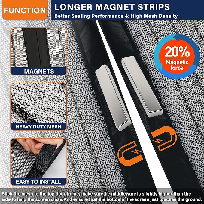 Magnetic Screen Door,Self Sealing Magnets, Easy Install Screen Doors with Magnets,Pet & Kid Friendly- Fits Doors up to36 x 78 Inches