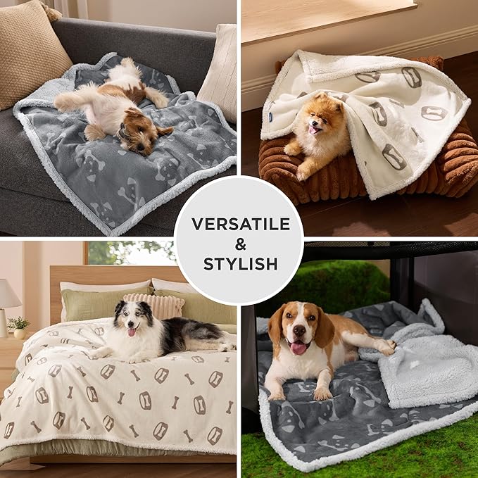 Bedsure Waterproof Dog Blankets for Small Dogs - Soft Print Sherpa Fleece Puppy Cat Blanket Washable, Cozy Plush Reversible Throw Furniture Protector for Pet Kitten Doggy, 25"X35", Smokey Grey
