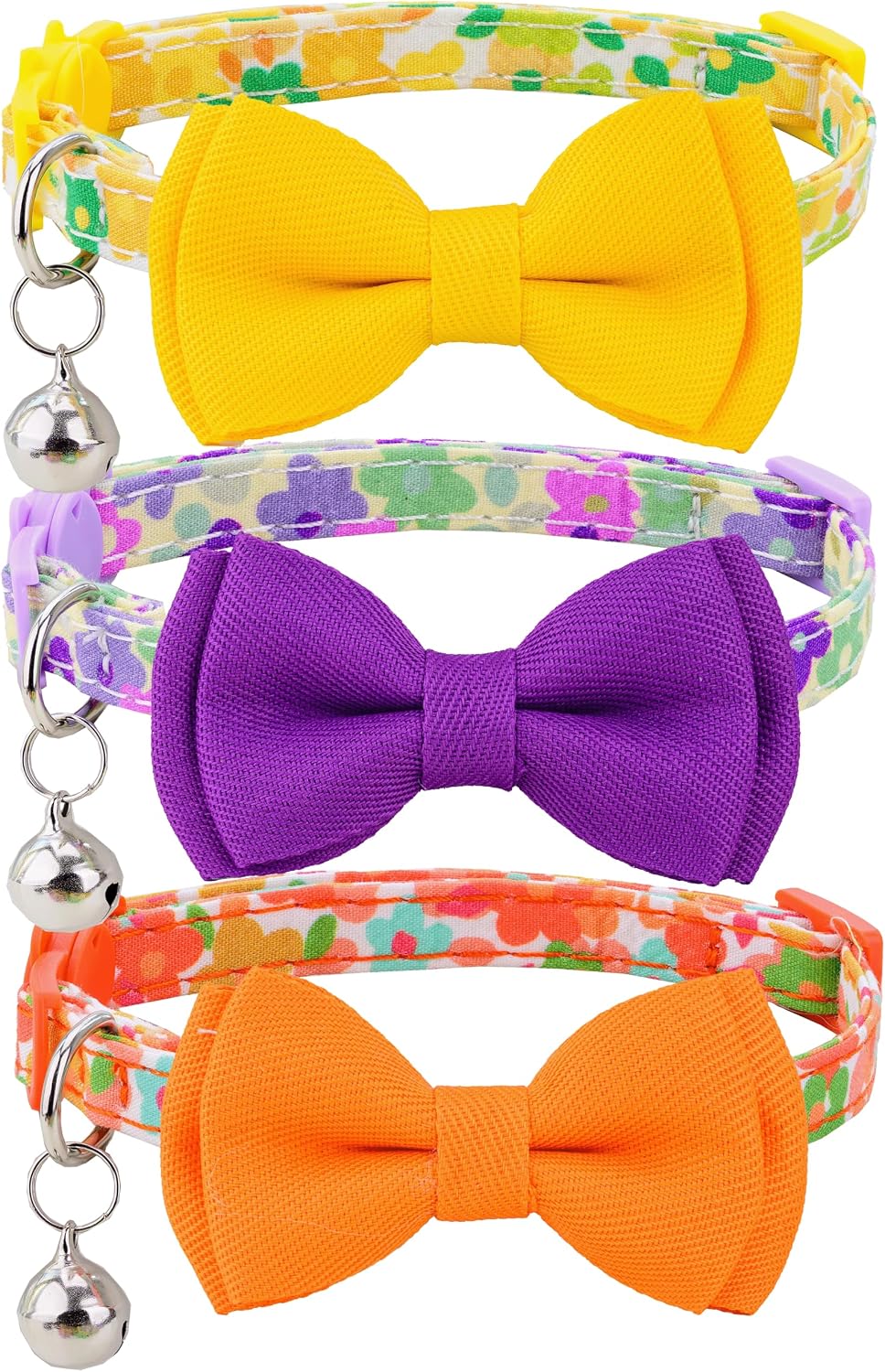 Cat Collar Set 3Packs Bow Tie Collars Plaid Solid Color Floral Flower Bell Safety Kitten Cats Pet Kitty Colorful Spring Boy Girl Cute [3pcs] Floral