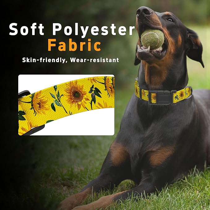 Dog Collar, Floral Boys Girls Puppy Collar for Small Medium Large Dogs, Adjustable Soft Pet Collar with Safety Buckle for Male Females (Yellow Sunflower, M)