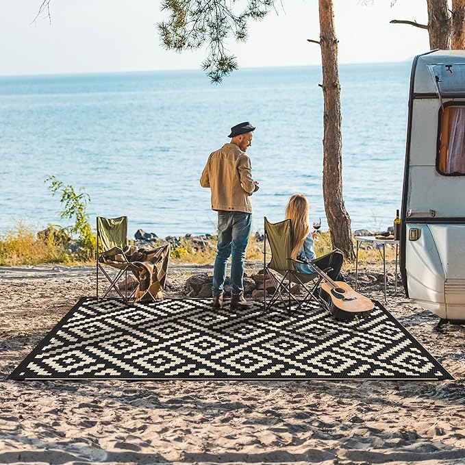 GENIMO Outdoor Rugs 8x10 Waterproof, Reversible Mats, Area Plastic Straw Rug, Outside Carpet, Geometric Rv Mat for Patio Camping Rv Picnic Backyard Deck Balcony Porch Beach Trailer (Black & Beige)