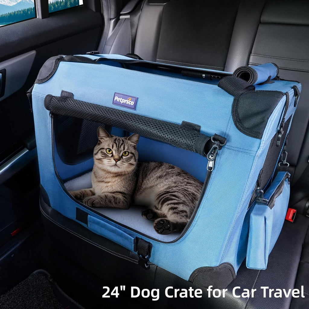 Petprsco Portable Collapsible Dog Crate, 24" Soft Dog Crate for Car Travel | Includes Mat, Blanket & Bowl, Strong Fabric, 4-sided Mesh Vents, 3 Doors, Fit Small Dogs & Large Cats Indoor and Outdoor Use