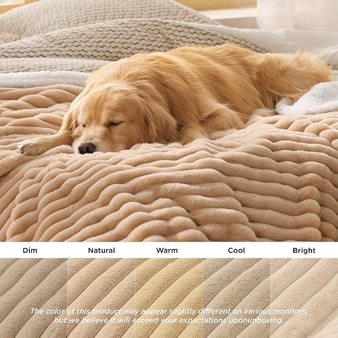 Bedsure ComfyFleece™ Waterproof Dog Blankets for Large Dogs - Soft Pet Cat Blanket Corduroy Fleece for Couch Protector Washable, Cozy Calming Reversible Furniture Protection,40"x50", Tuscan Beige
