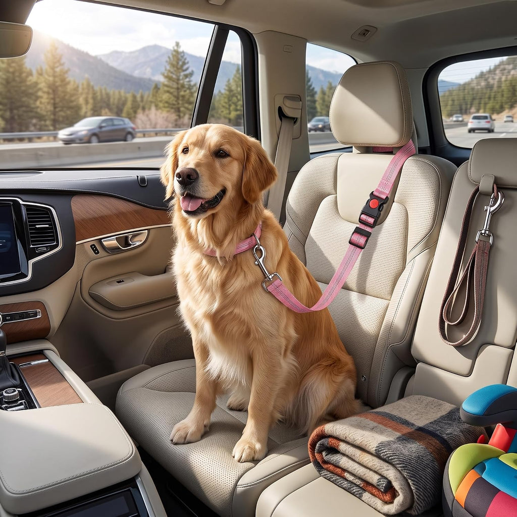 SUNGOOYUE Dog Seat Belt Reflective Nylon Adjustable Pet Car Restraint 72 to 84cm with Headrest Strap Collar 45 to 65cm for Travel Walking Dogs of Different Sizes (Pink)