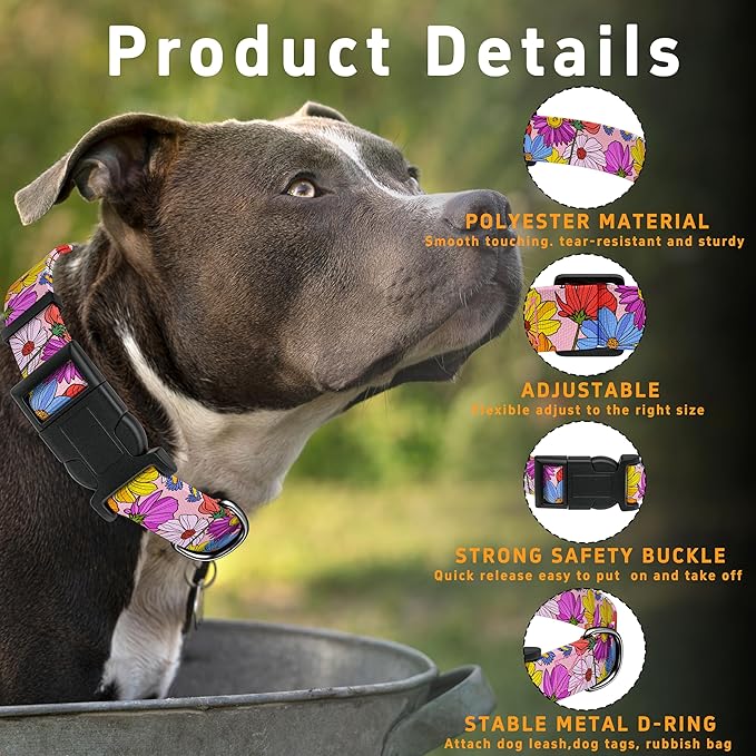Dog Collar, Pink Floral Boys Girls Puppy Collar for Small Medium Large Dogs, Adjustable Soft Floral Pet Collar with Safety Buckle for Male Females(Pink Floral, S)