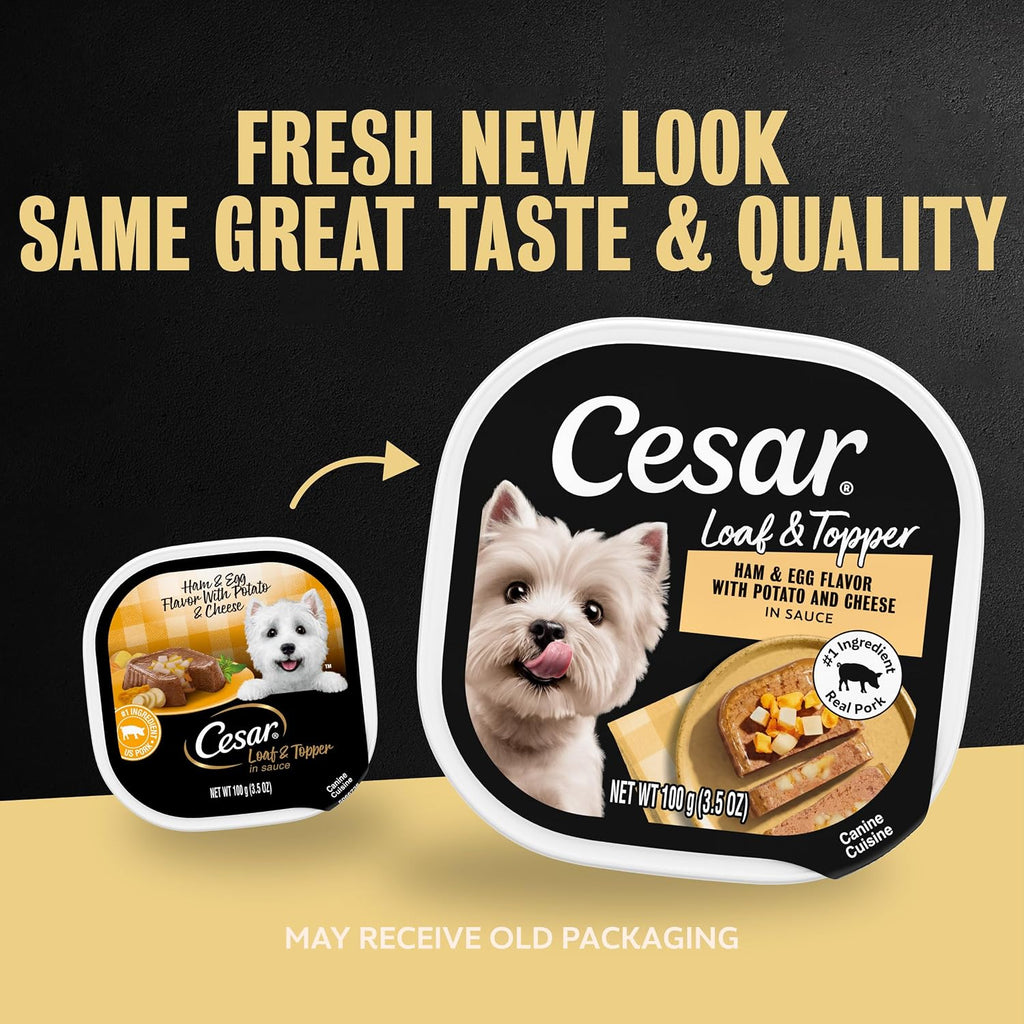 Cesar Loaf & Topper Wet Dog Food, Ham & Egg Flavor, 3.5 oz, 24 Count | Pork #1 ingredient, easy to digest, no fillers or added sugar, use as meal or food topper, easy peel trays