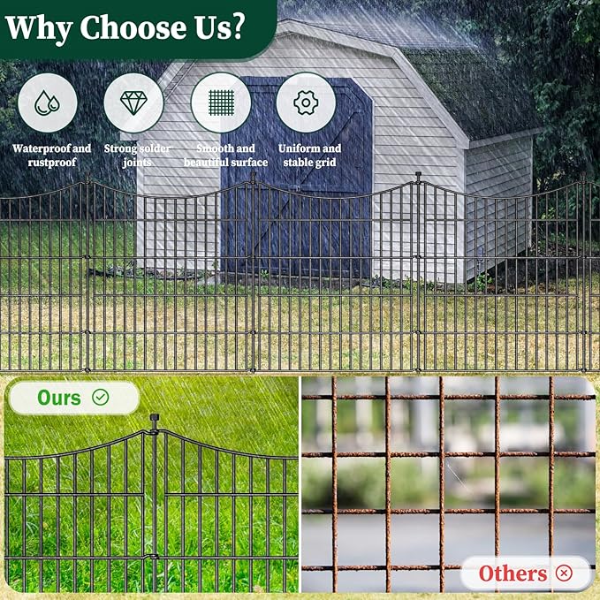 10 Panels Decorative Garden Fence with Gate, 48 in(H) X 26.25 ft(L) No Dig Dog Fence Animal Barrier Outdoor for Yard, Rustproof Metal Garden Edging and Borders, Temporary Fencing Stakes