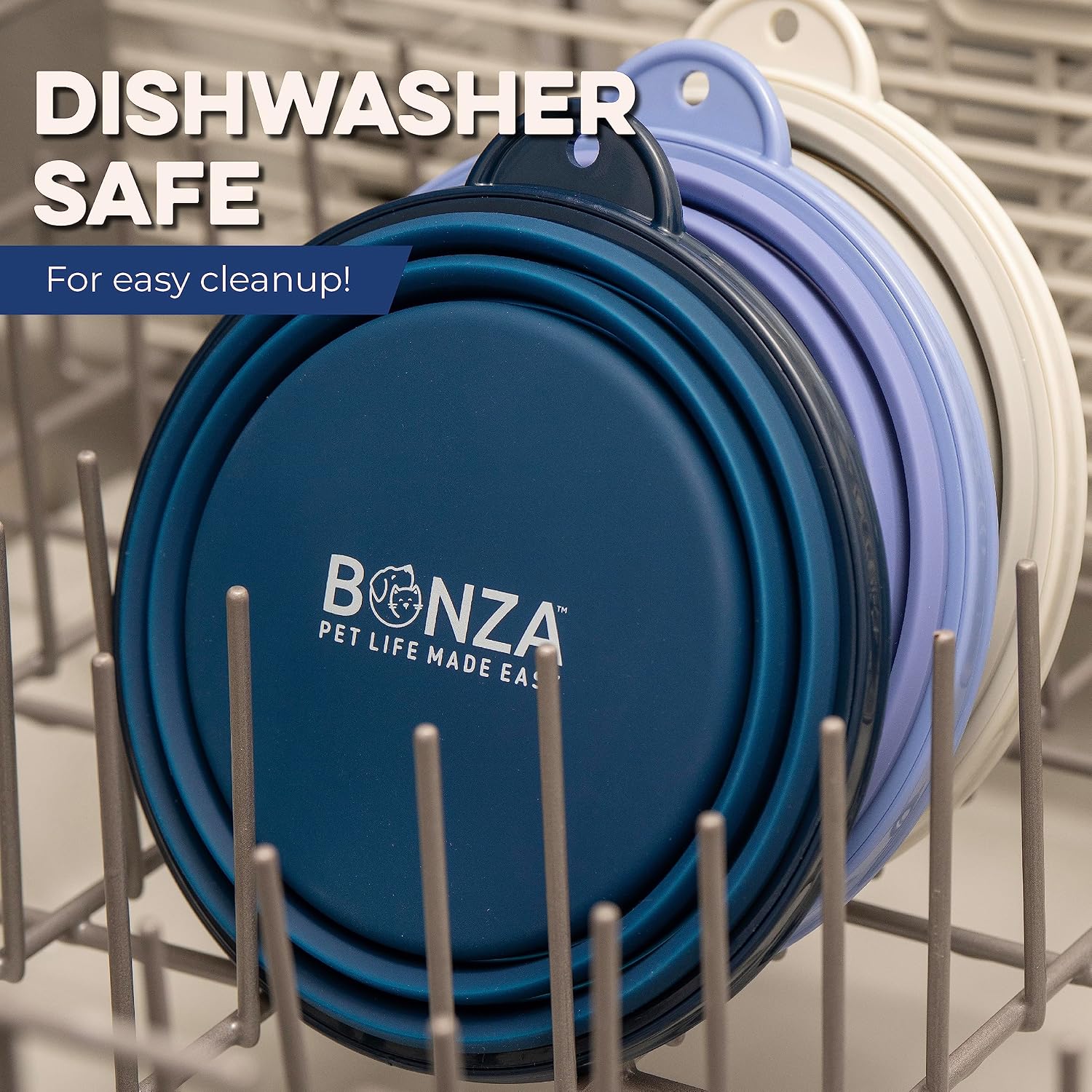 Bonza Collapsible Dog Water Bowl - BPA-Free Silicone Dog Dish - Reinforced Rim Collapsible Bowl - Carabiner Clip Travel Dishes for Pets - for Hiking, Camping & Car Trips - Large 33 Oz, Navy Blue