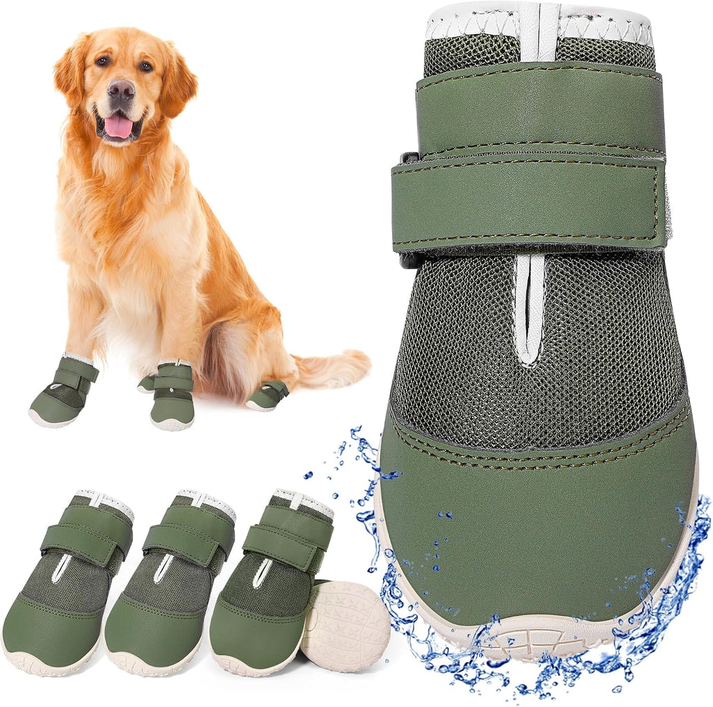 DcOaGt Dog Shoes Large Size Dogs,Mesh Breathable Dog Boots Dog Booties | 360°Anti-Slip Waterproof Paw Protectors for Hot Pavement Summer Winter Snow for Hardwood Floor Hiking,Military Green,4PCS