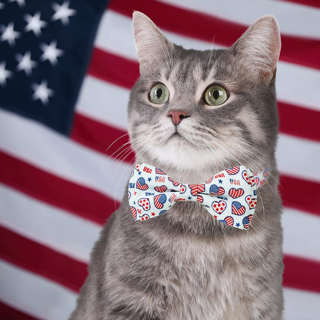 4th of July Cat Collar with Bow Tie, Indepedence Holiday USA Heart Collar for Boys and Girls Kitties and Kittens