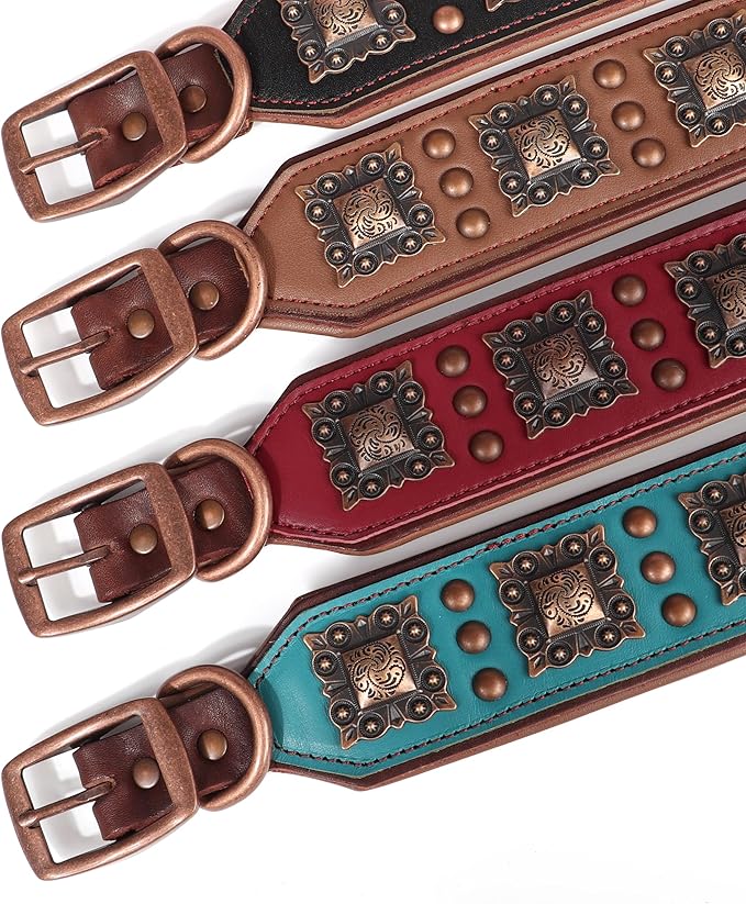PET ARTIST Genuine Leather Dog Collar for Large Dogs, 2 inch Wide Luxury Dog Collar with Rivet Studded & Metal Buckle, Comfortable & Stylish Pet Collars for Great Dane Rottweiler,Black,Neck 22-25"