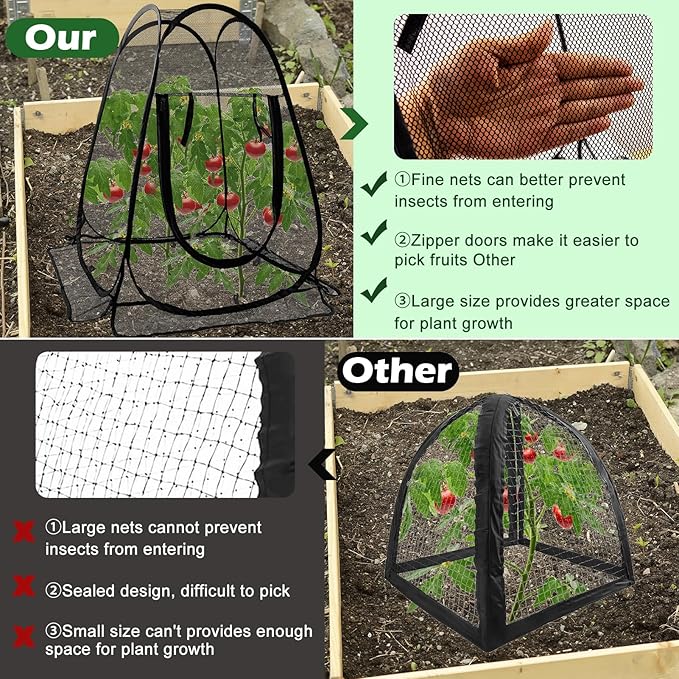 2pcs Pop Up Mesh Plant Protectors from Animals,Large Plant Netting Guard Cover with 8 Stake Crop Cage Fine Mesh Plant Tents for Protect Flower Tomato Vegetable from Deer Cat Bird Squirrel, 28x28x34 In